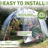 A large sun bubble greenhouse with a lady inside and highlighting its features and ease to install