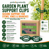 Garden plant support clips with packaging and product details on a white background