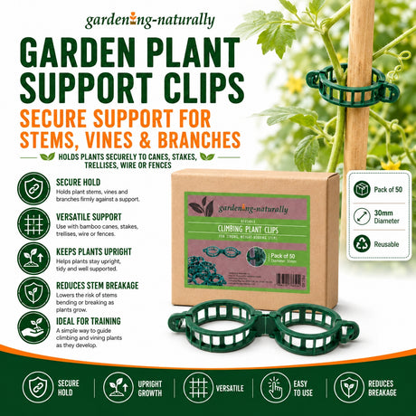 Garden plant support clips with packaging and product details on a white background