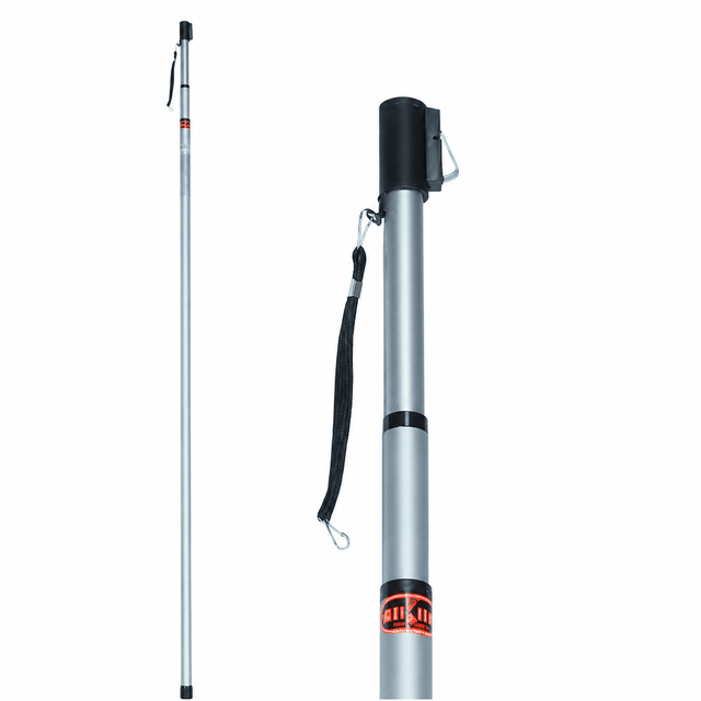 Telescopic pole with a black handle and red logo on a white background