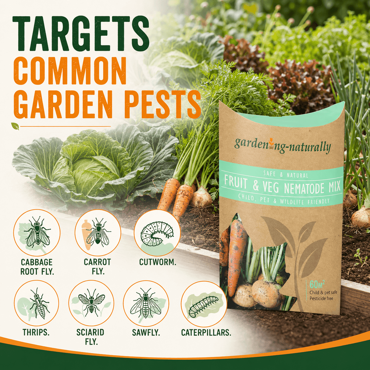A bag of garden-naturally Fruit & Veg Nematode Mix stands in a garden bed with vegetables, alongside large text reading 'TARGETS COMMON GARDEN PESTS' and icons showing common pests like cabbage root fly, carrot fly, cutworm, thrips, sciarid fly, sawfly, and caterpillars.