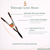 Telescopic lawn shears with features highlighted on a white background