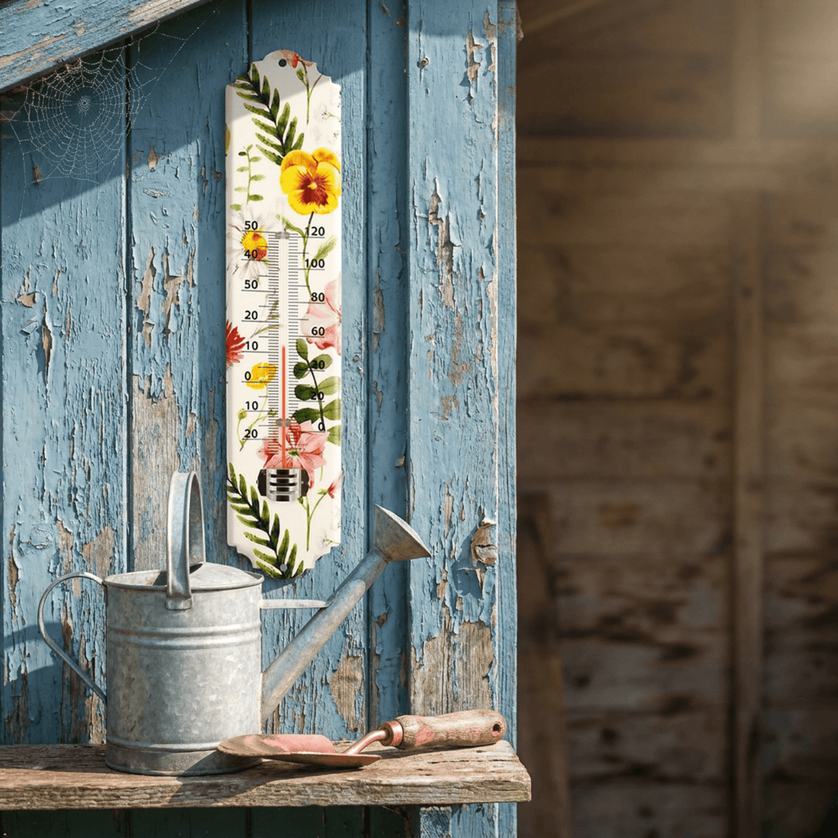 Decorative thermometer with floral design on a rustic wooden surface.