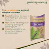 Gardening Naturally thrip nematodes packaging with product description on a beige background