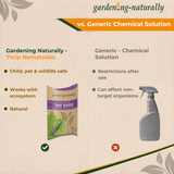 Comparison chart between Gardening Naturally thrip nematodes and a generic chemical solution on a beige background.