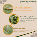 Gardening naturally product description with images of insects and text on a beige background.
