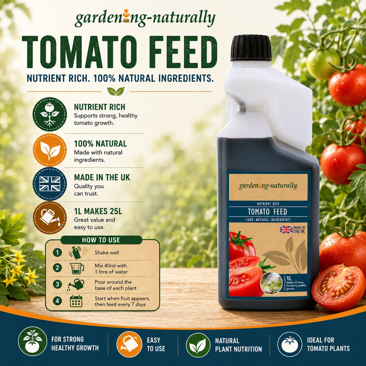 Gardening Naturally tomato feed bottle with product details and usage instructions on a natural background.