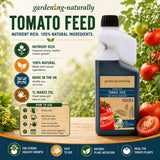 Gardening Naturally tomato feed bottle with product details and usage instructions on a natural background.