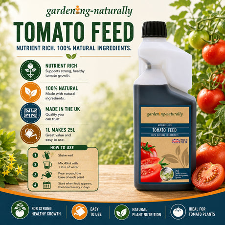 Gardening Naturally tomato feed bottle with product details and usage instructions on a natural background.