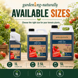 Gardening Naturally tomato feed products with sizes 1L, 2.5L, and 5L displayed outdoors.