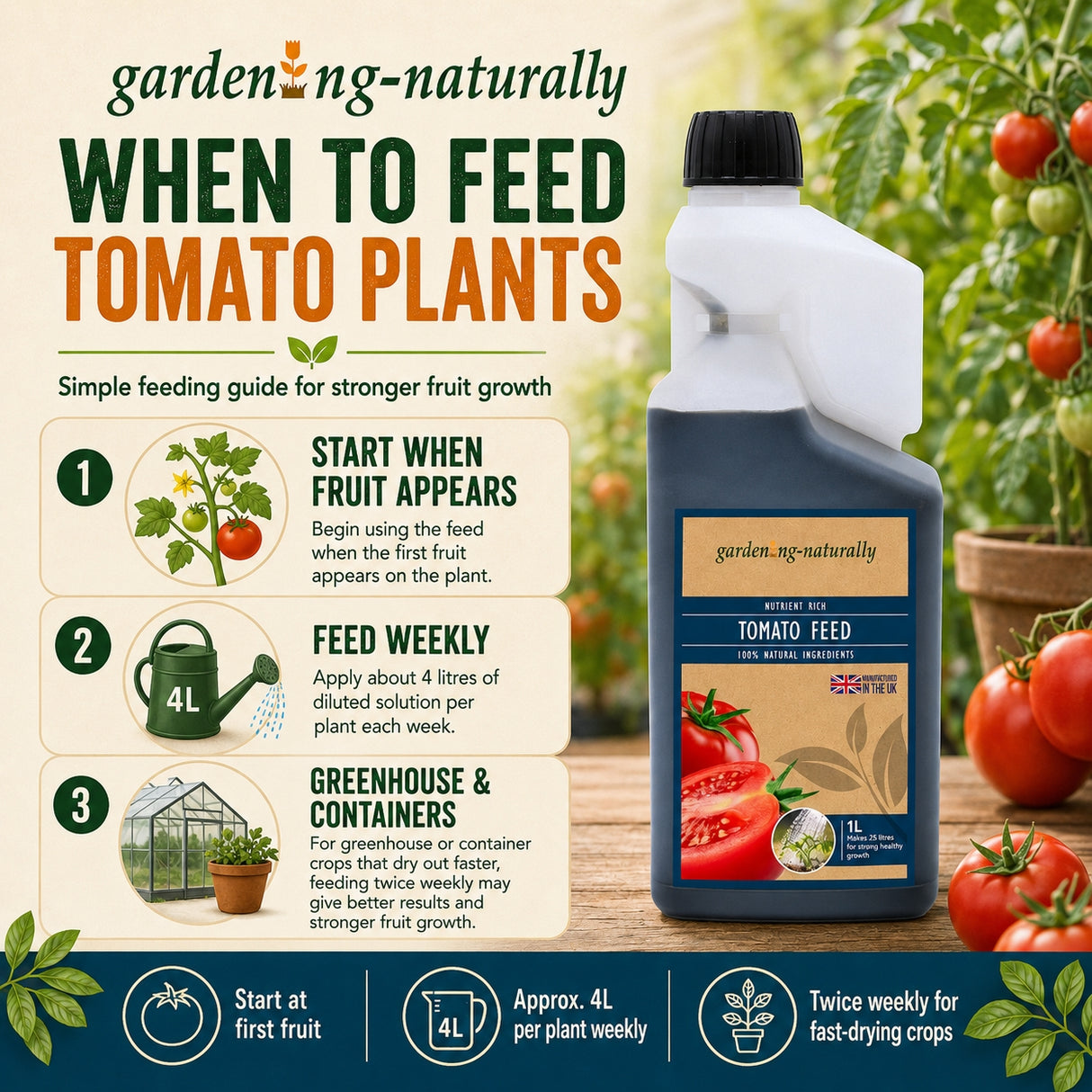 Gardening naturally tomato plant feeding guide with a bottle of tomato feed.
