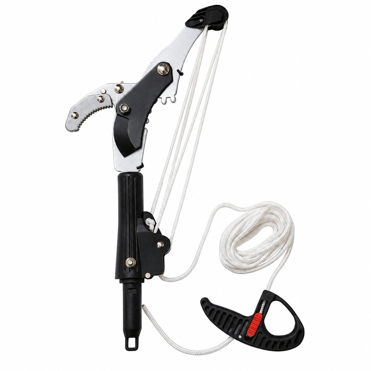 Black and white tree pruner with string on a white background