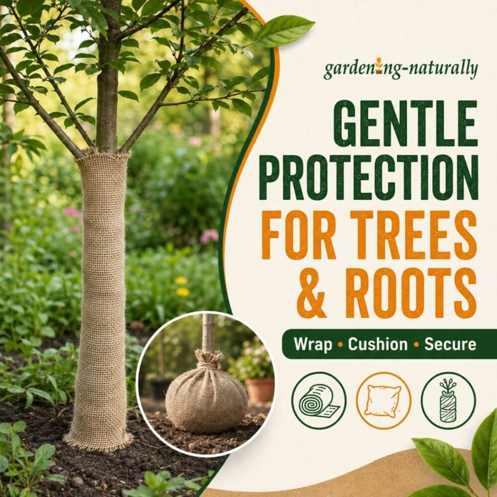 A tree and root protection wrap. The left side shows a young tree trunk wrapped in beige burlap fabric in a garden setting.