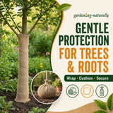 A tree and root protection wrap. The left side shows a young tree trunk wrapped in beige burlap fabric in a garden setting.