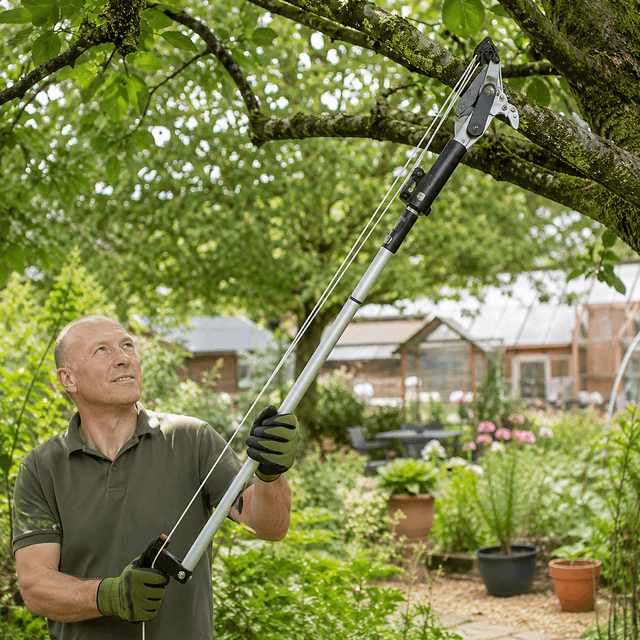 Man using a telescopic tree pruner in a garden