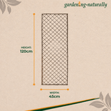 Garden trellis with dimensions on a beige background, featuring the brand 'gardening-naturally'.