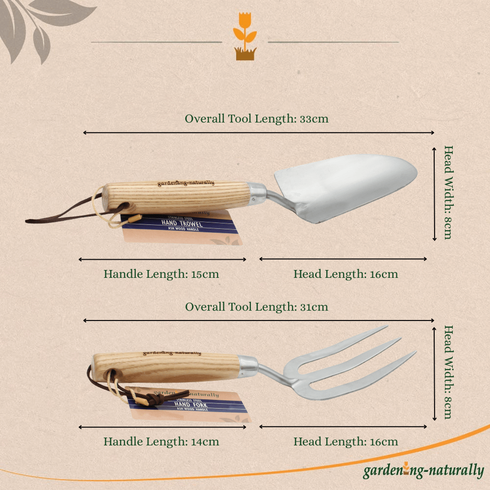 Gardening tools with measurements on a beige background