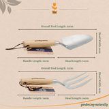 Gardening tools with measurements on a beige background