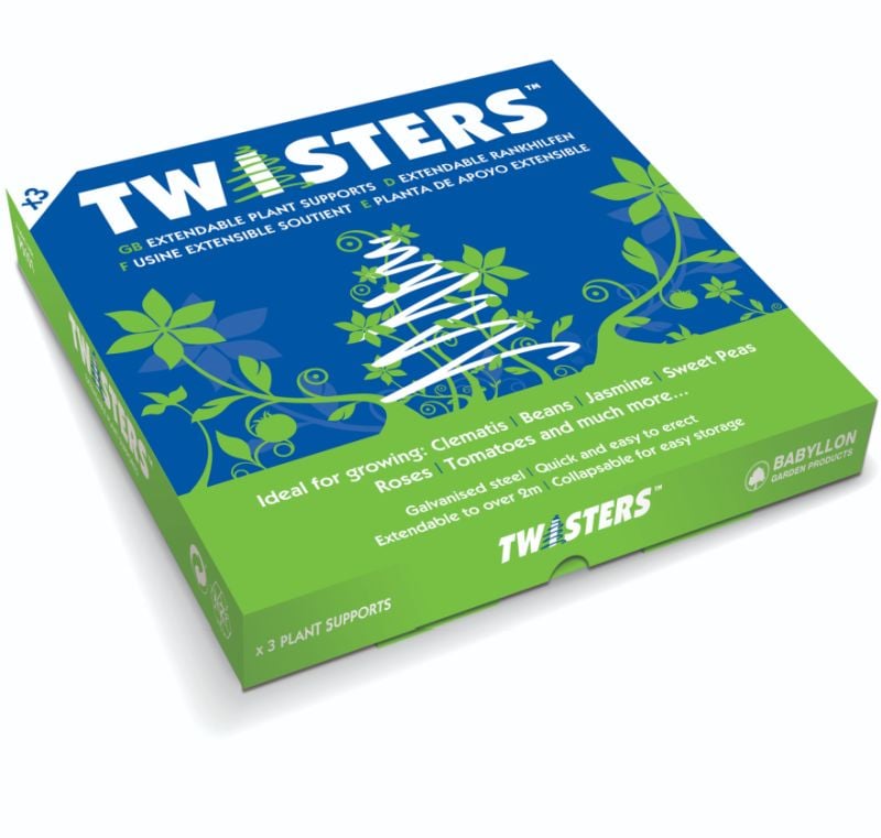 Twister plant support in green and blue box states good for growing flowers and vegetables