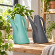 Two watering cans on a wooden table in a sunlit room with potted plants. One can is mint green and the other is dark gray, both with long spouts and curved handles.