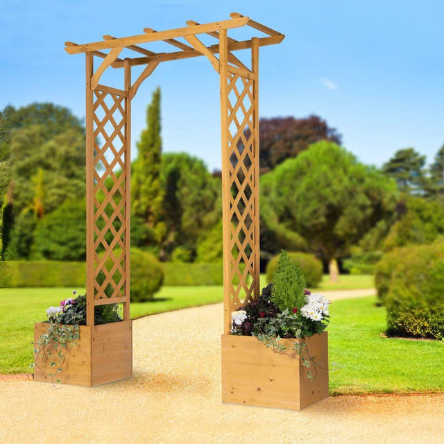 Wooden garden arch with trellis and planters, over walkway and planters contain flowers