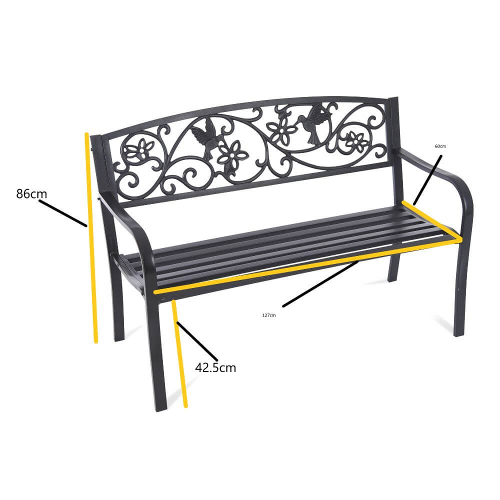 cast iron bench in white background displaying dimensions of the bench