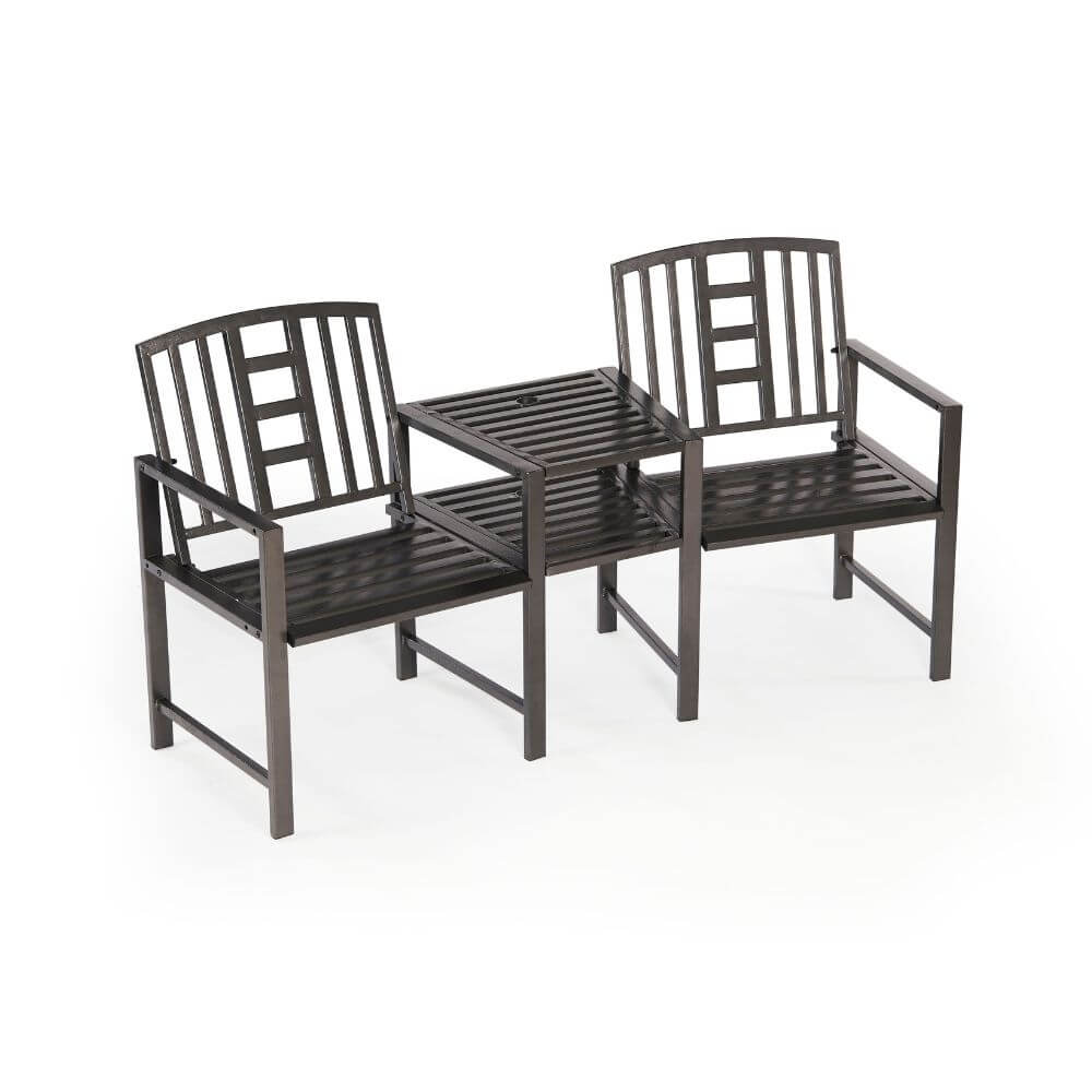 Two cushioned chairs on a patio