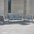 A grey metal outdoor garden sofa set with a table and chairs, perfect for relaxing and dining on the patio.