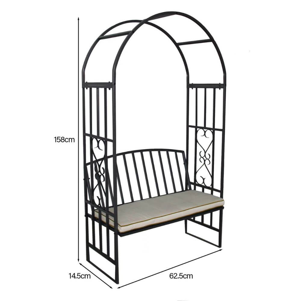 Metal garden arch bench on white background displaying all dimensions