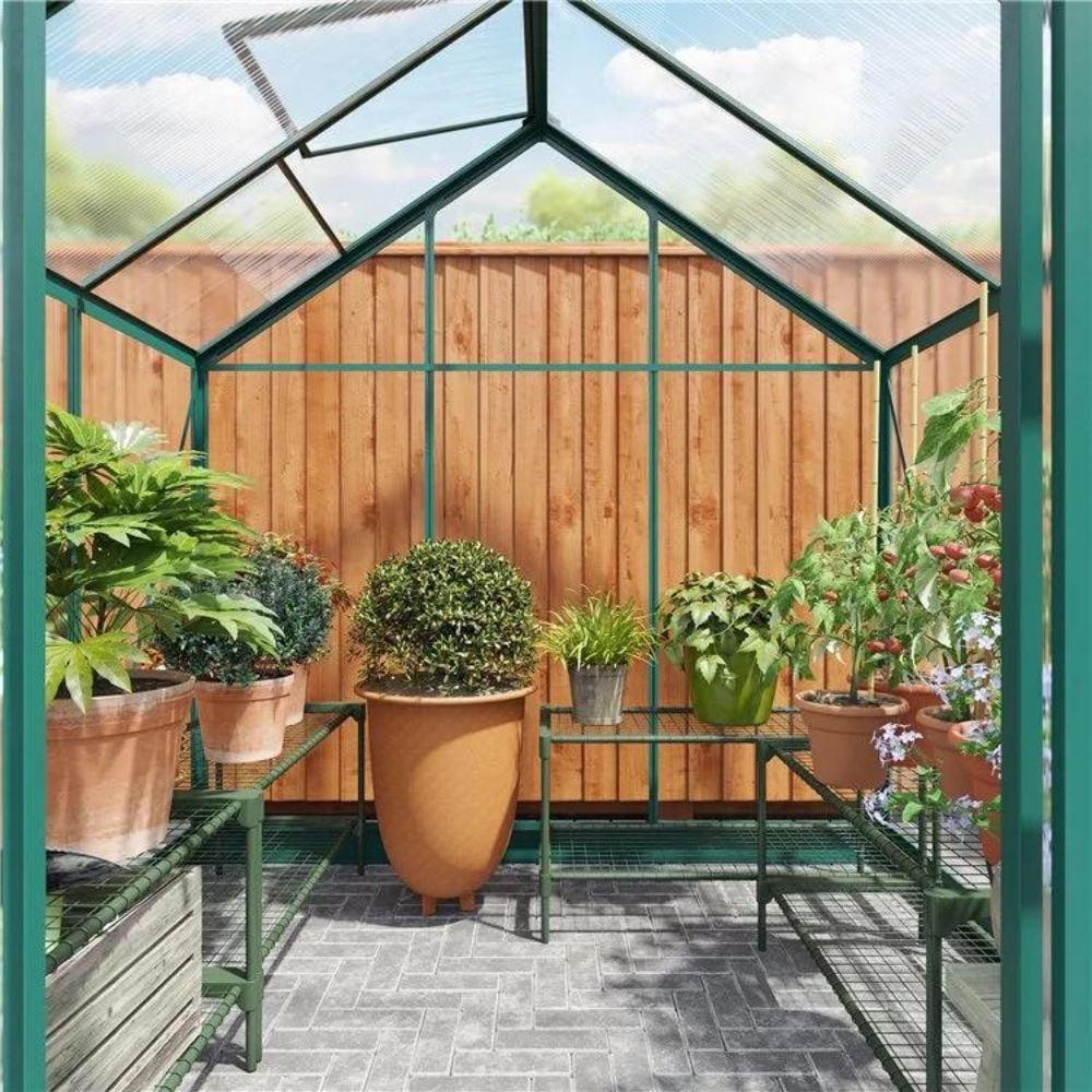 interior of greenhouse displaying the ventilated window open