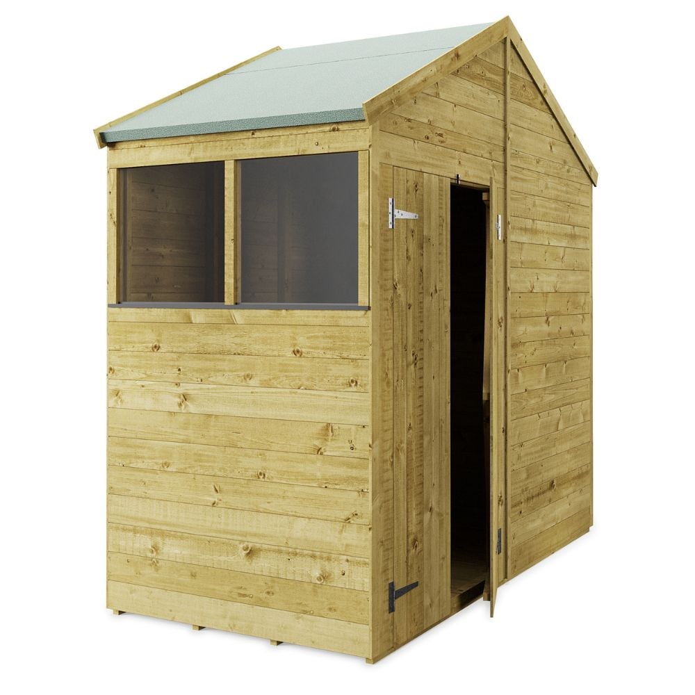 Open wooden shed with dual doors.