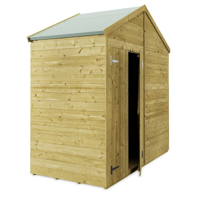 wooden storage shed with no windows on a white background