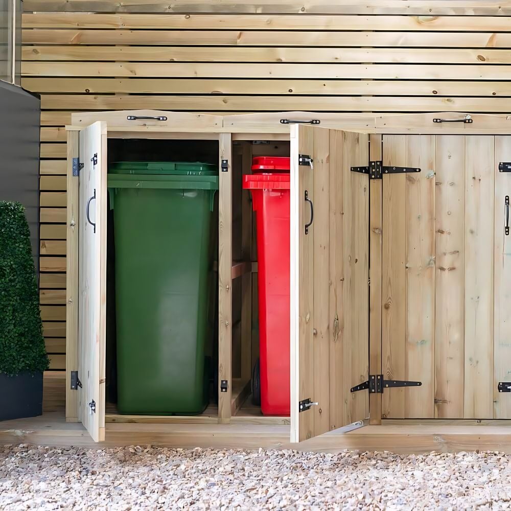 wooden wheelie bin storage lid opened showing the chain opening system