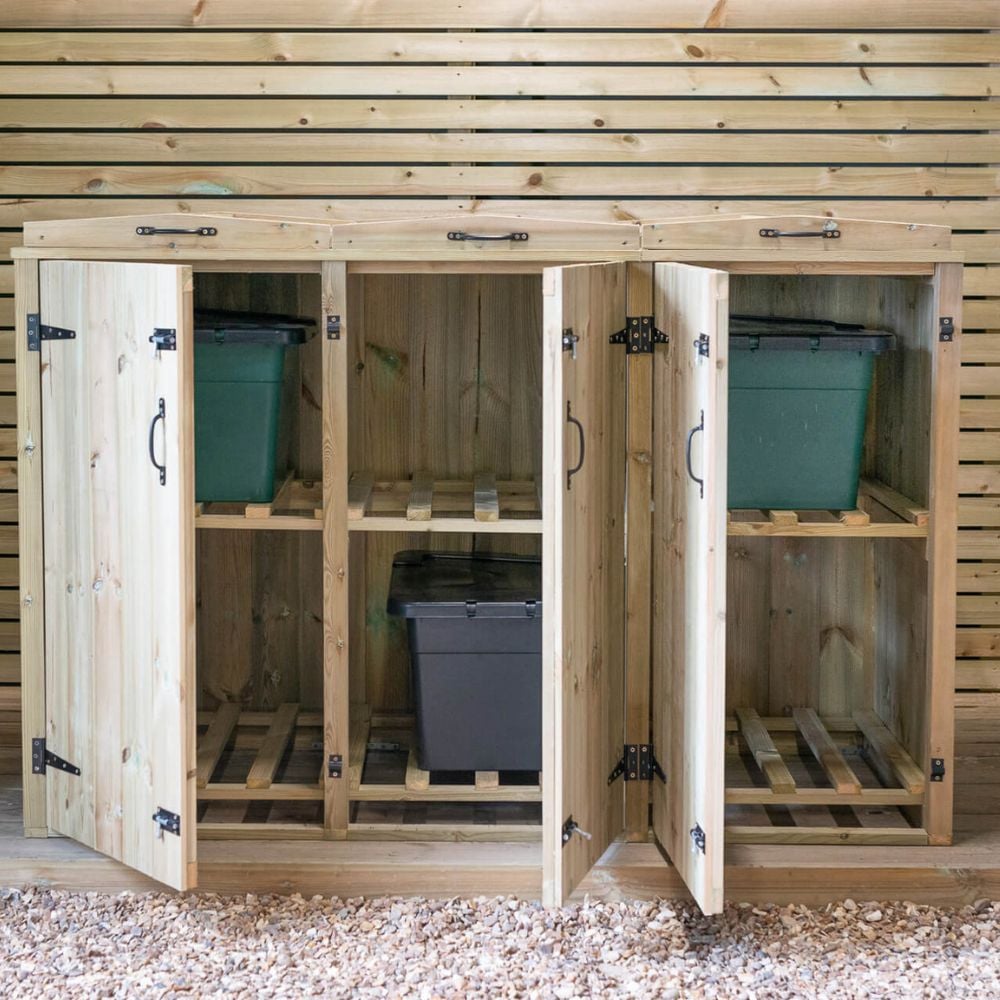 A wooden storage cabinet with two planters