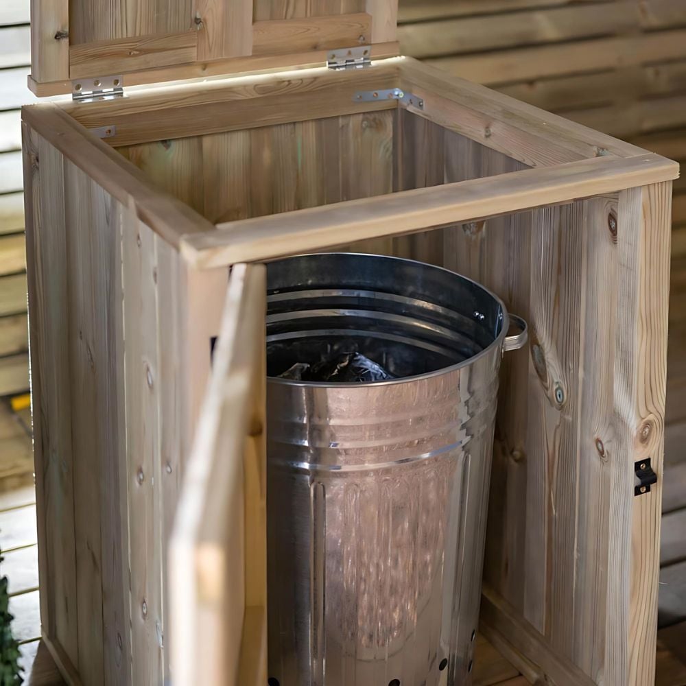 Wooden dustbin storage with hinged lid and rustic finish.