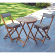 Outdoor furniture set with wooden table and two chairs.