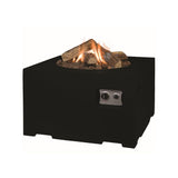 A black square fire pit on a patio