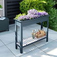 A planter on a patio with purple flowers blooming in the sunlight.