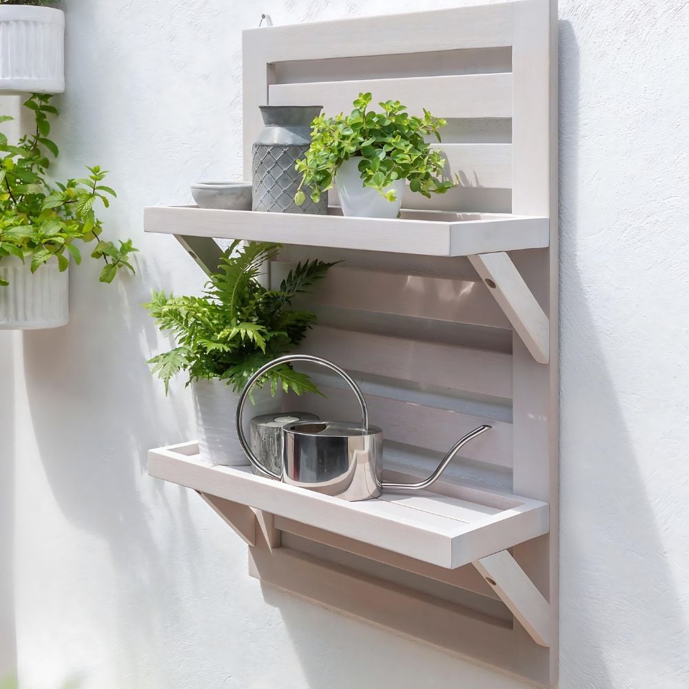 A shelf displaying various potted plants, adding a touch of nature and greenery to the space.