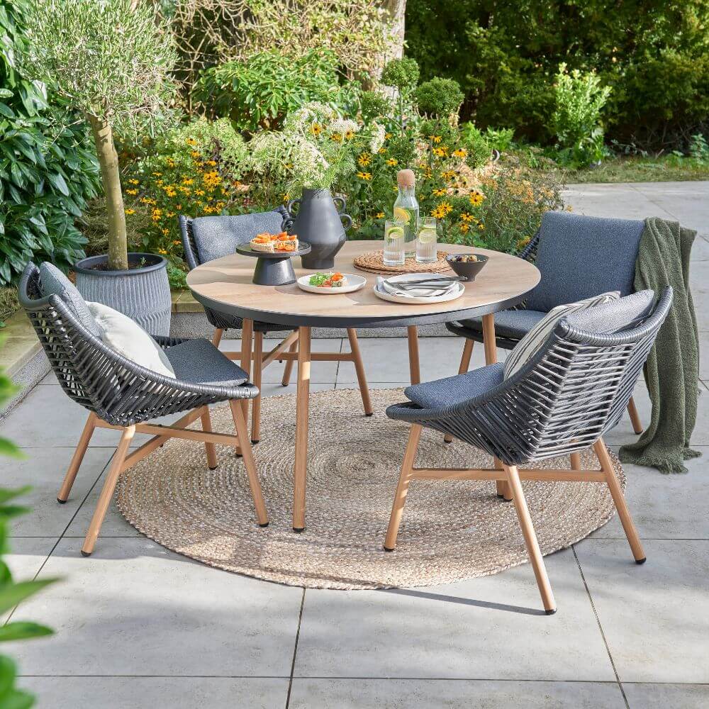 Modern 4 Seat Outdoor Dining Set with Wicker Chairs and Cushions