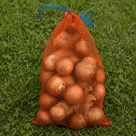 Bag of onions on a grassy background