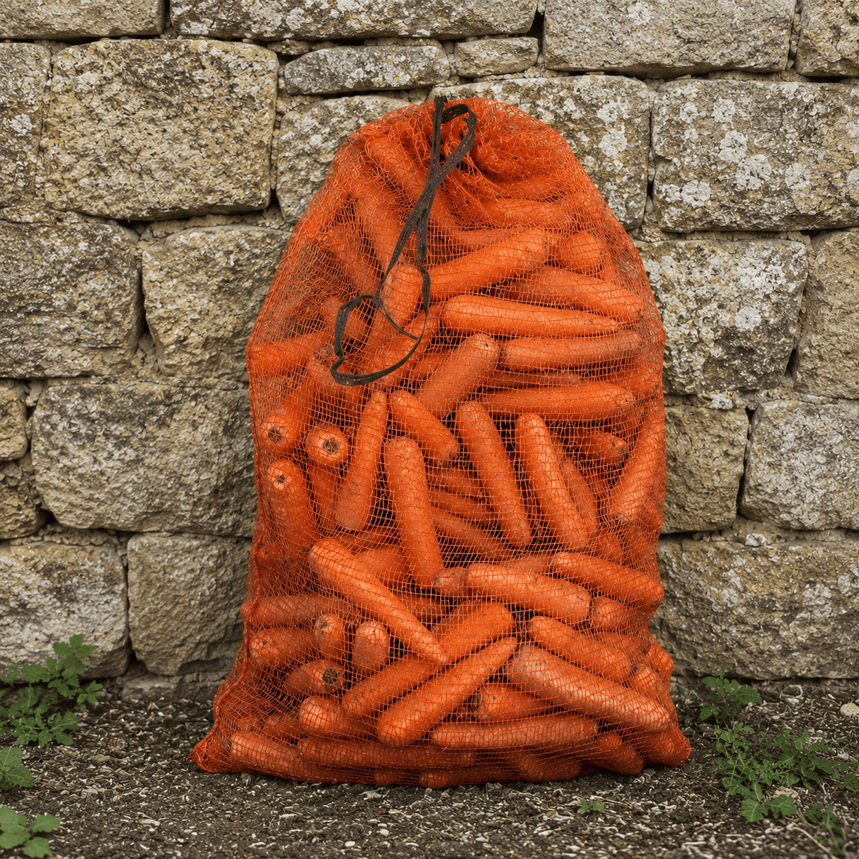 Bag of carrots against a stone wall