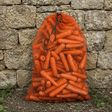 Bag of carrots against a stone wall