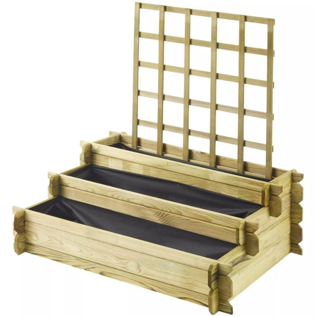 wooden trellis attached to varying raised beds with different levels