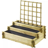 wooden trellis attached to varying raised beds with different levels