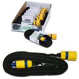 A black garden watering soaker hose with yellow connectors, displayed both coiled and in packaging.