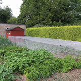 long vegetable cage covered in veggiemesh in garden with cabbages growing