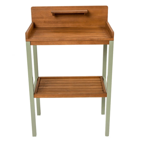 Green and wood potting table, lower shelf and mini upper shelf