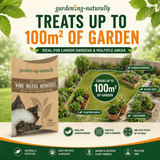 Promotional graphic for Garden.ng-naturally Vine Weevil Nematodes treatment, showing the product bag on the left and an illustrated garden layout on the right with text stating it treats up to 100m² of garden.