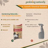Comparison chart between 'Gardening Naturally' vine weevil nematodes and a generic chemical solution on a beige background.